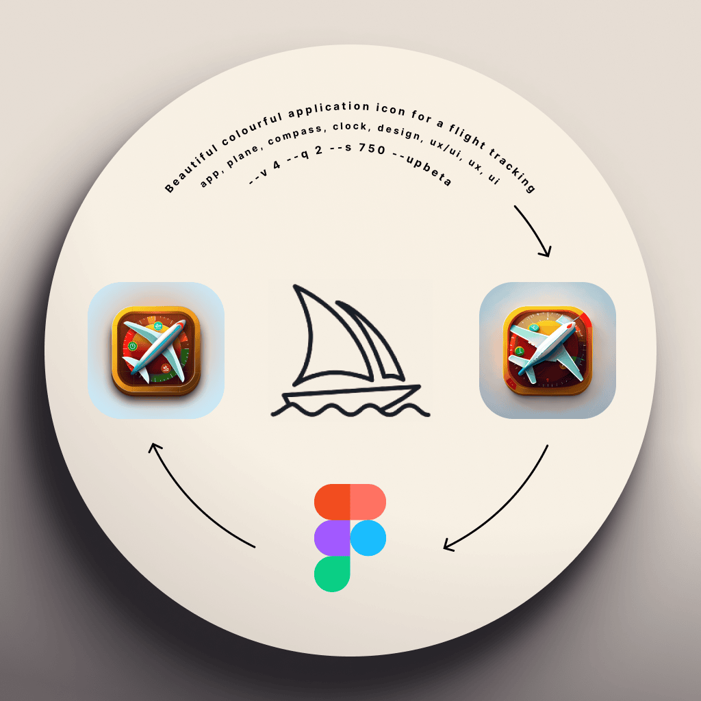 Midjourney app icon workflow showing prompt to Midjourney to Figma pipeline