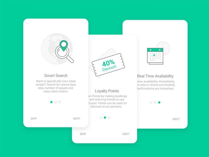 Three mobile onboarding screen mockups showing Smart Search, Loyalty Points, and Real Time Availability