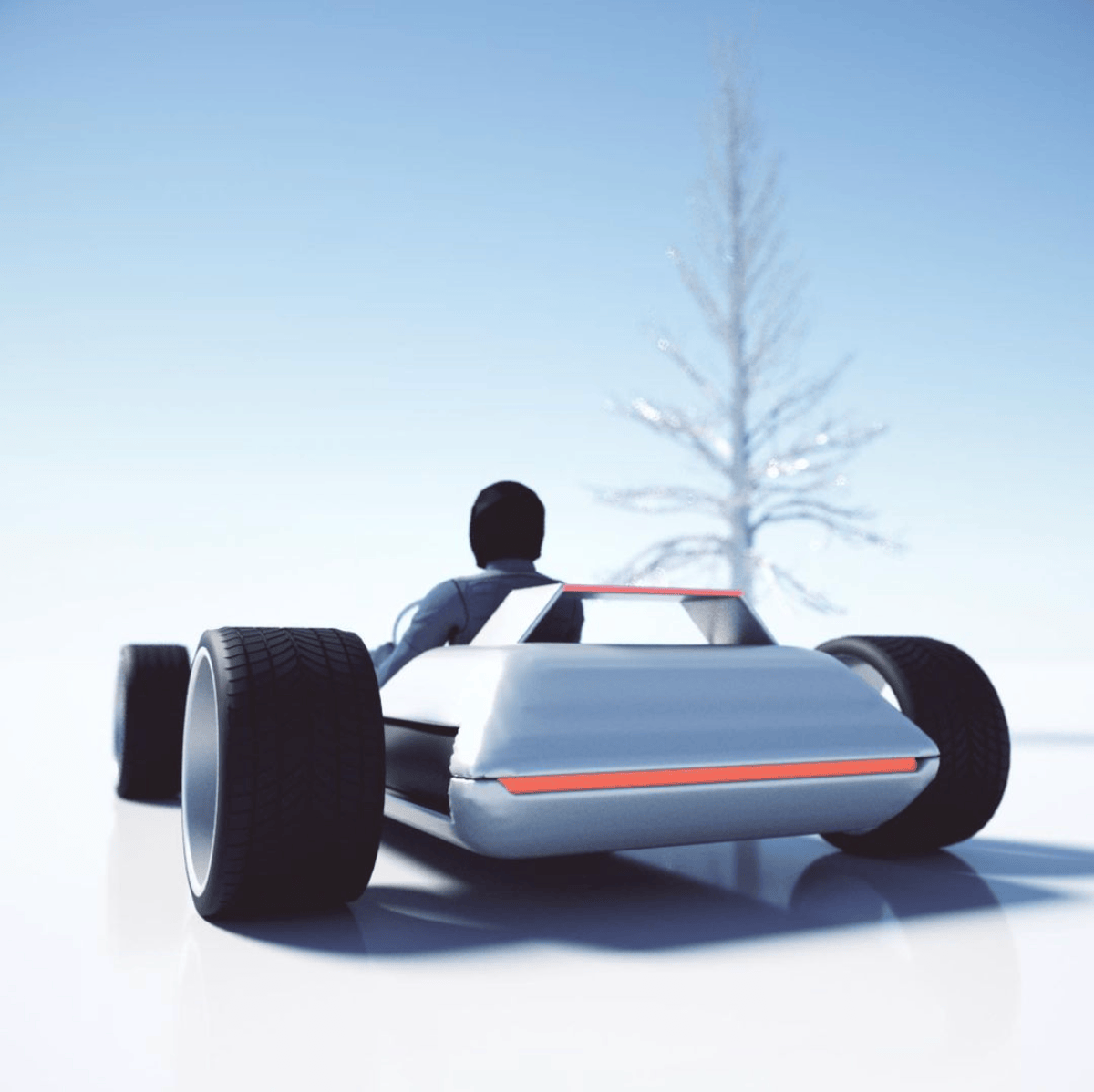 Rendering of a 3d car. rear quarter view. the car has a very minimal design with very few surfaces. 