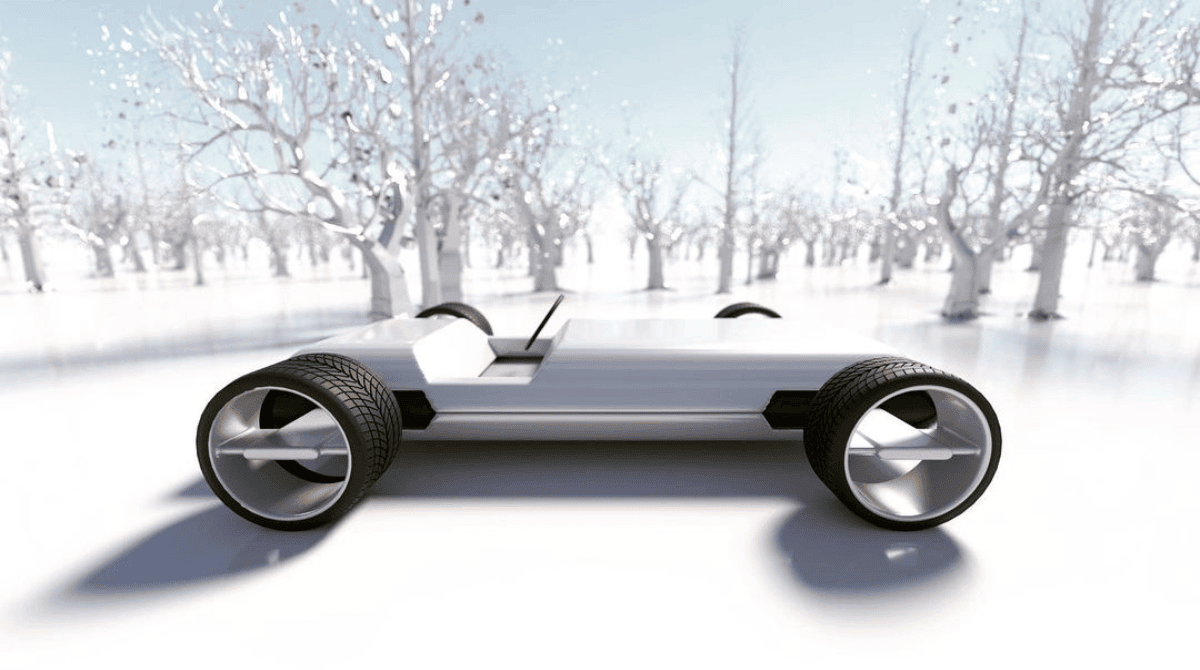 Rendering of a 3d car. side view. the car is in a forest and has a very minimal design with very few surfaces. 