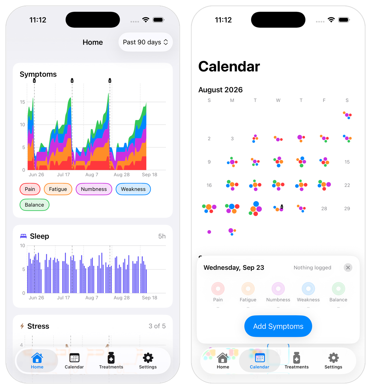 CIDP Tracker screenshots: stacked symptom trends rising between IVIg infusions, and a calendar of daily symptom dots