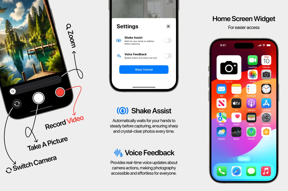 Easy Cam app screenshots showing simplified camera interface