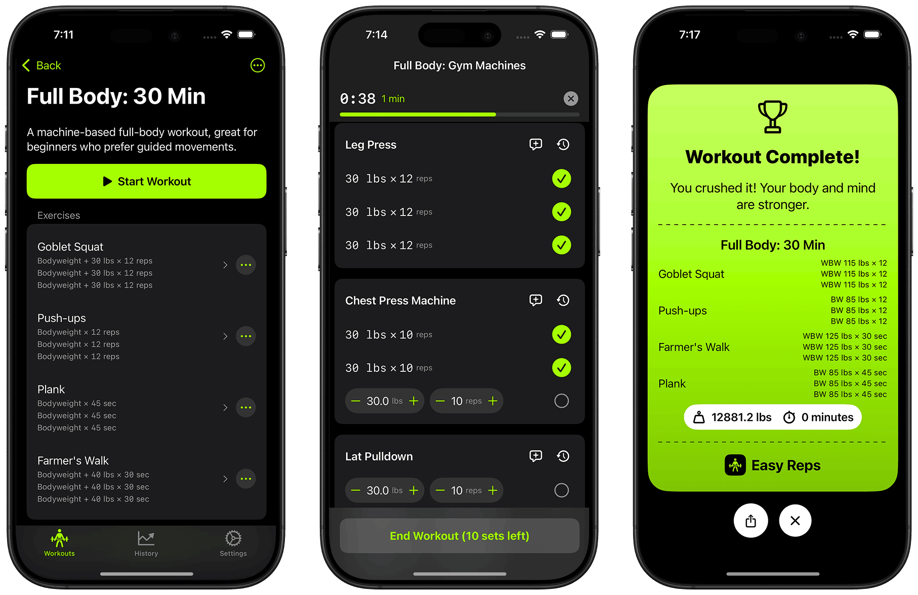 Easy Reps app screenshots showing workout tracking interface