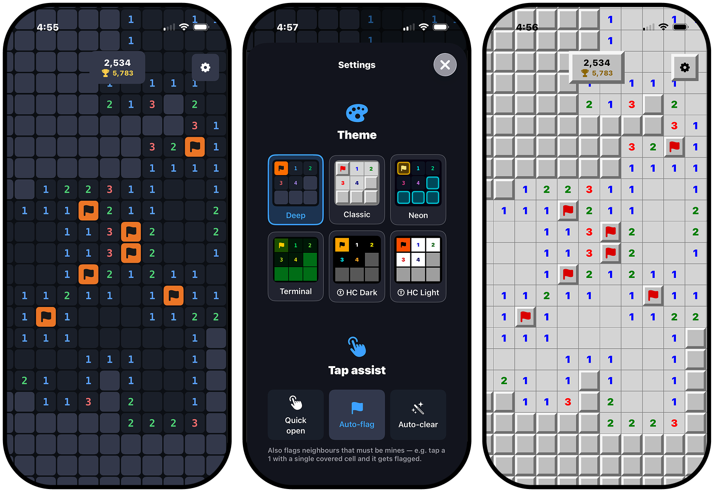 Minesweeper Frontier screenshots showing the Deep dark theme, the theme picker, and the classic light theme