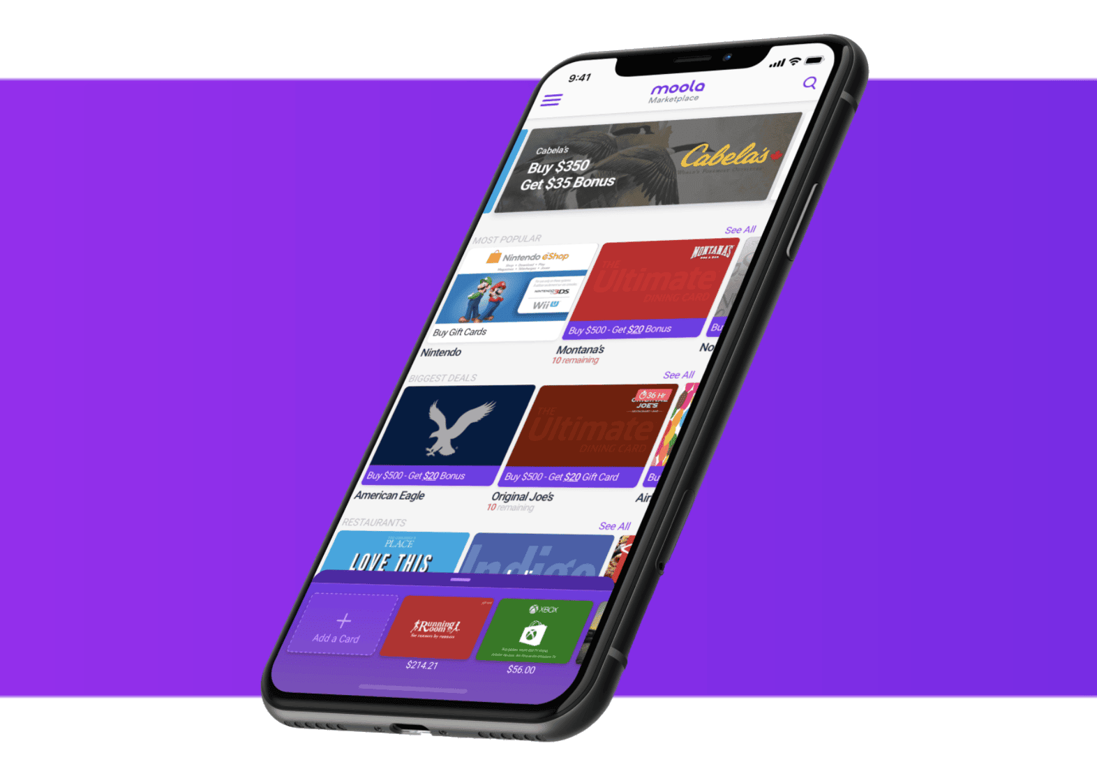 Moola app design preview screens