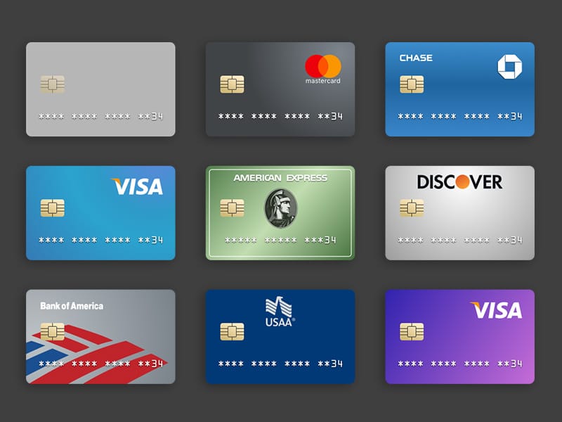 image with 9 credit cards with different designs in a 3 by 3 grid.