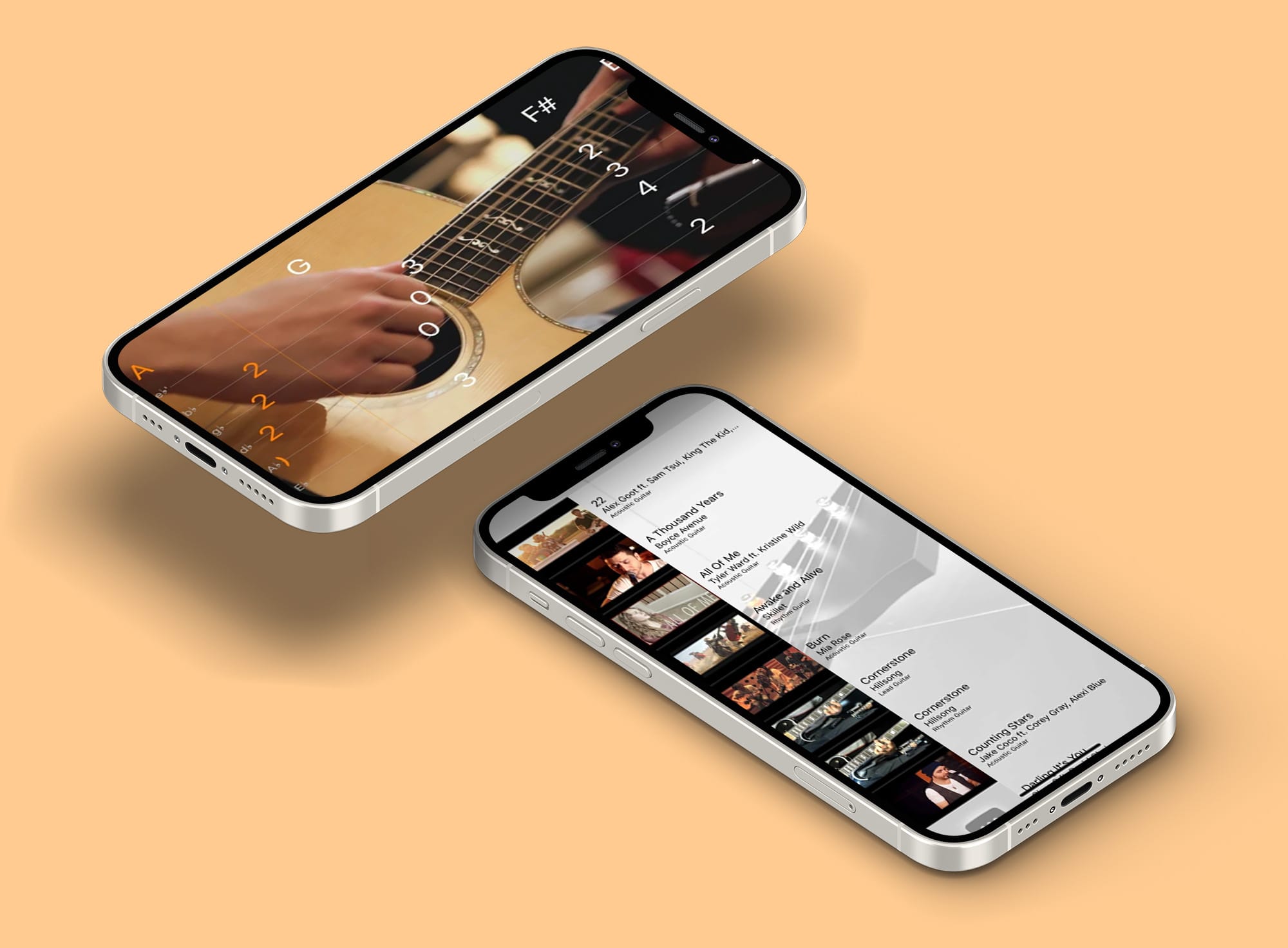 a mockup of 2 iphone 12s. the first iphone is showing the woodshed app while playing a song and showing the chords for it. the second iphone is showing the app in the browse page. users can use the browse page to find a song they would want to learn. 